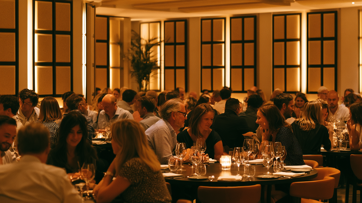 Busy restaurant dining room with fabric acoustic panels on the walls